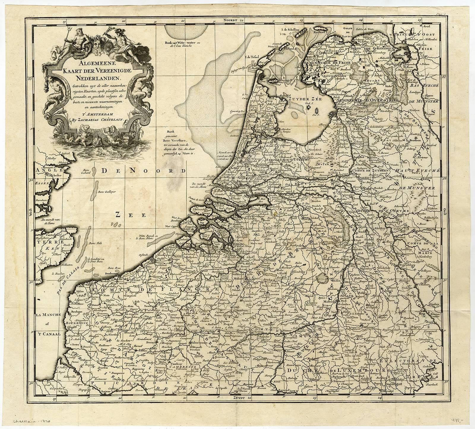 Zacharias Chatelain Print - Algemeene Kaart der Vereenigde Nederlanden.