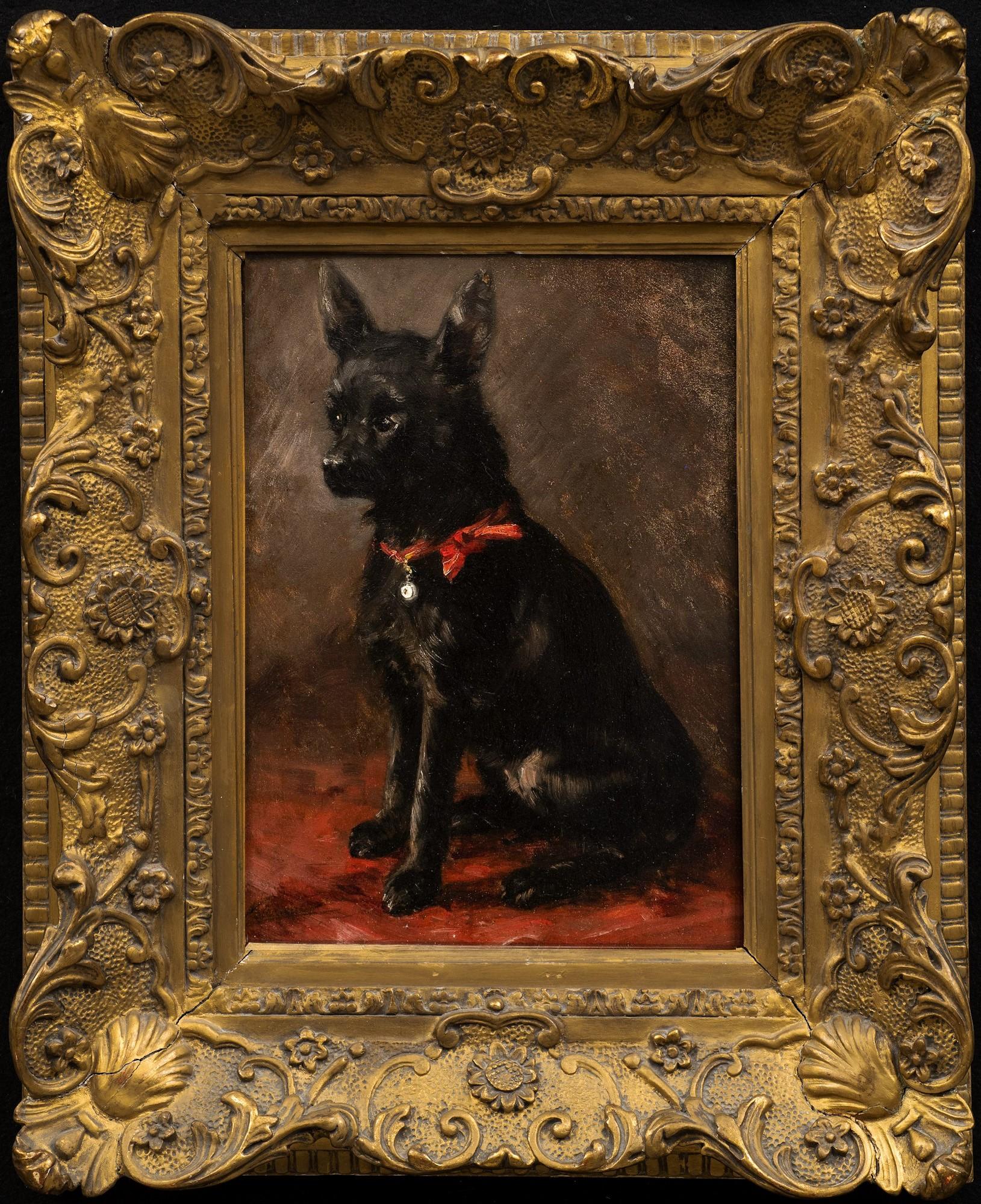 Dog Painting: "Portrait of a Chihuahua with Red Bow" 
Zacharias Noterman (Belgium, France 1824-1890)
Circa. 1870s
Oil on wood panel (mahogany)
Original stucco and gilt frame
13 1/2 x 9 1/2 (22 1/4 x 18 1/4 frame) inches

With the charming dog's