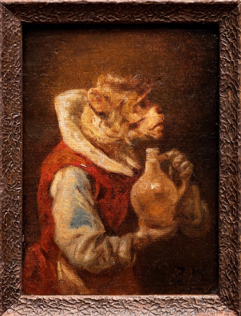 Portrait of a Monkey with Wine Jug
Zacharias Noterman (Belgium & France 1820-1890)
Initialed "Z N" l.r.
Oil on board
8 x 6 inches

PROVENANCE: Galerie Tamenaga, Paris (label verso); Louvre des Antiquaires, Paris; Berman Swarttz, Los Angeles,