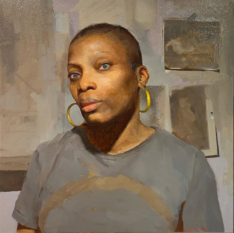Anna nel mio studio - Ritratto di donna, pittura a olio originale su pannello, con cornice in vendita 2