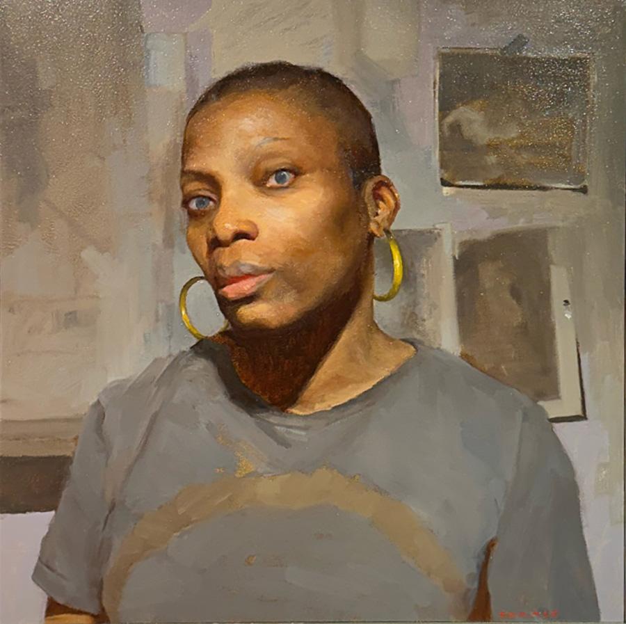 Anna in My Studio - Portrait of a Woman, Original Oil Painting on Panel, Framed For Sale 5