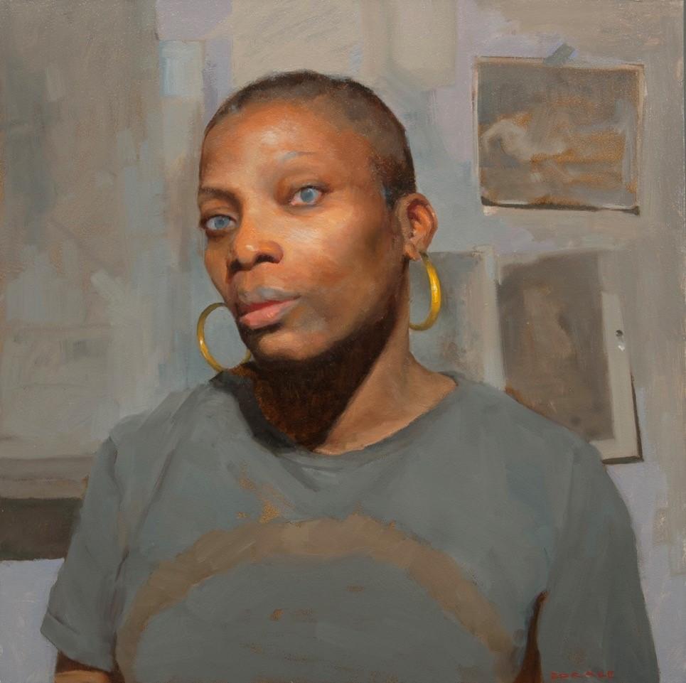 Zack Zdrale Figurative Painting - Anna in My Studio - Portrait of a Woman, Original Oil Painting on Panel, Framed