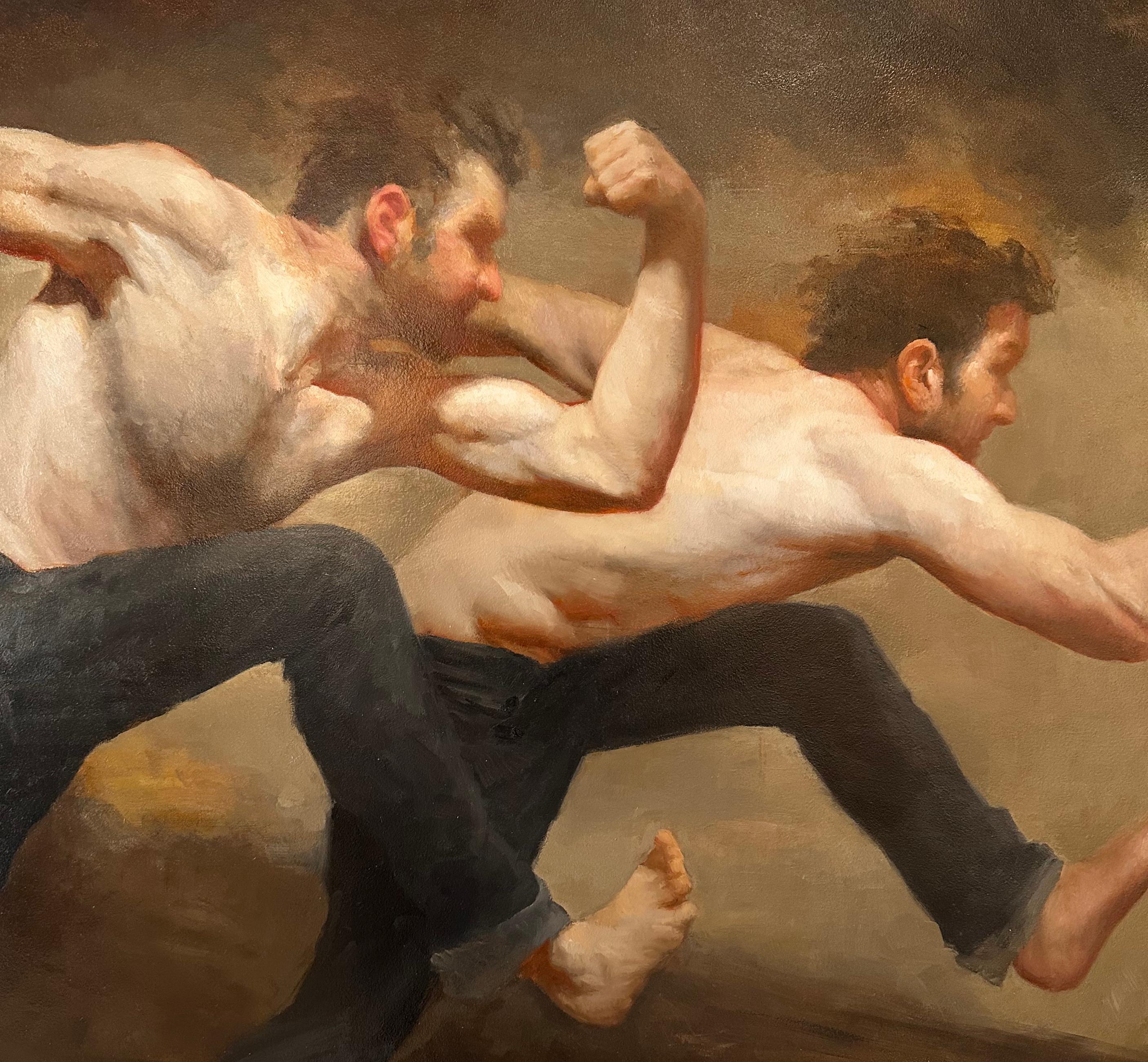 Biathlon, dipinto a olio originale di due uomini a torso nudo che corrono, incorniciato - Painting di Zack Zdrale