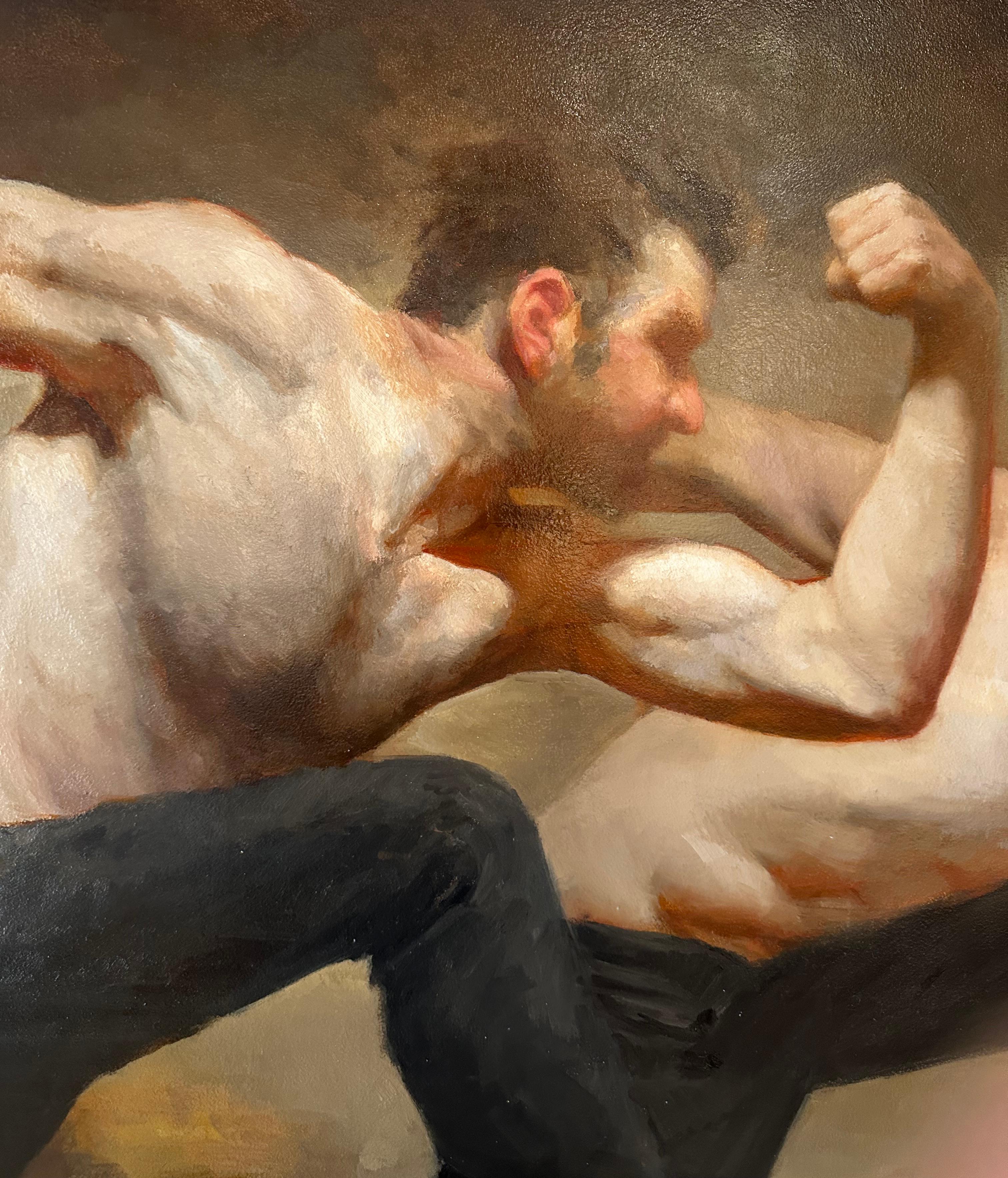 Biathlon, dipinto a olio originale di due uomini a torso nudo che corrono, incorniciato - Painting Realismo di Zack Zdrale
