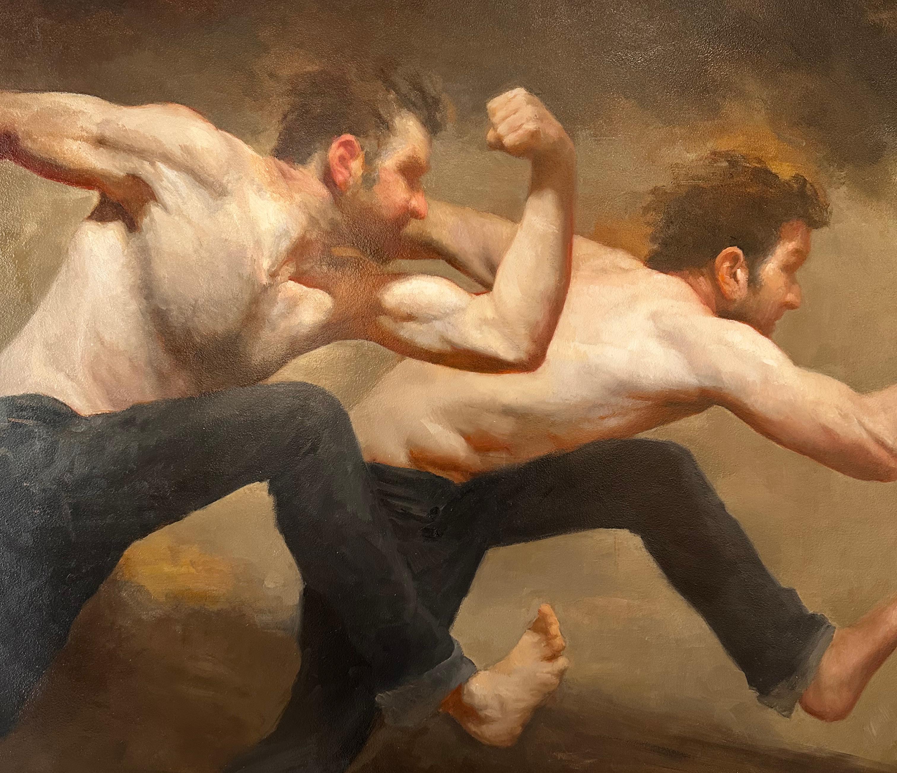 Biathlon, dipinto a olio originale di due uomini a torso nudo che corrono, incorniciato - Figurative Painting Marrone di Zack Zdrale