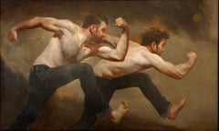 Biathlon, Original Oil Painting of Two Shirtless Males Running, Framed