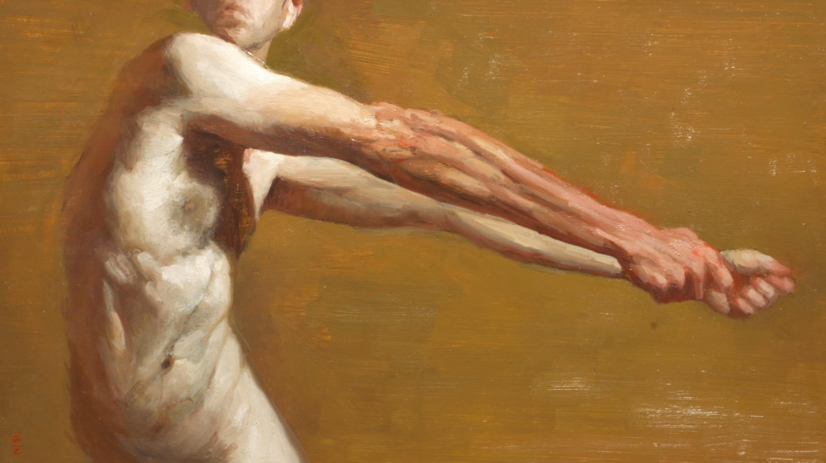 "Heavy Arms" by Zack Zdrale (US based) is an original oil on panel depicting a nude male model in a pulling motion. 

Zack Zdrale (b. 1977) takes a traditional approach to his work although his subjects and compositions place his work in the