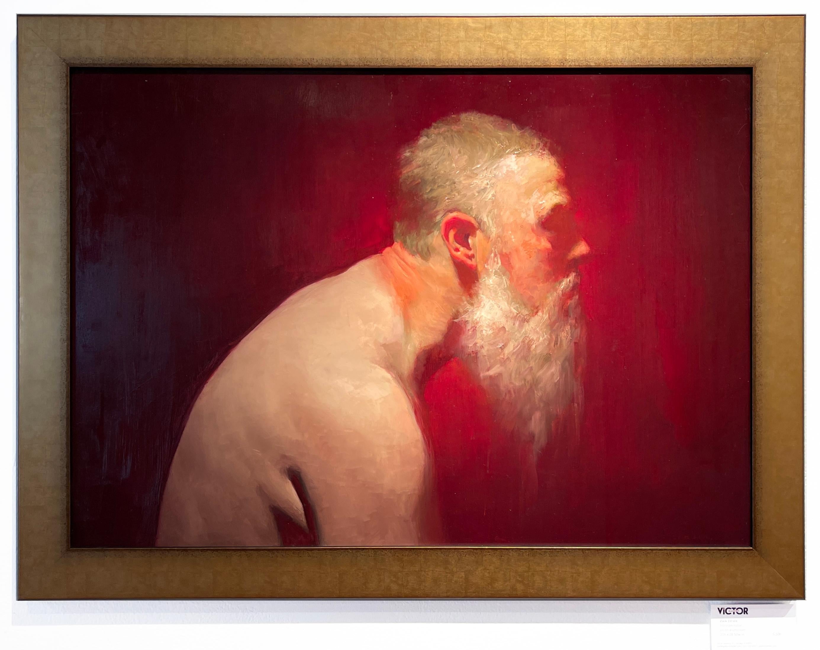Introspectator - Ritratto di uomo barbuto su sfondo rosso, olio su pannello - Painting Realismo di Zack Zdrale