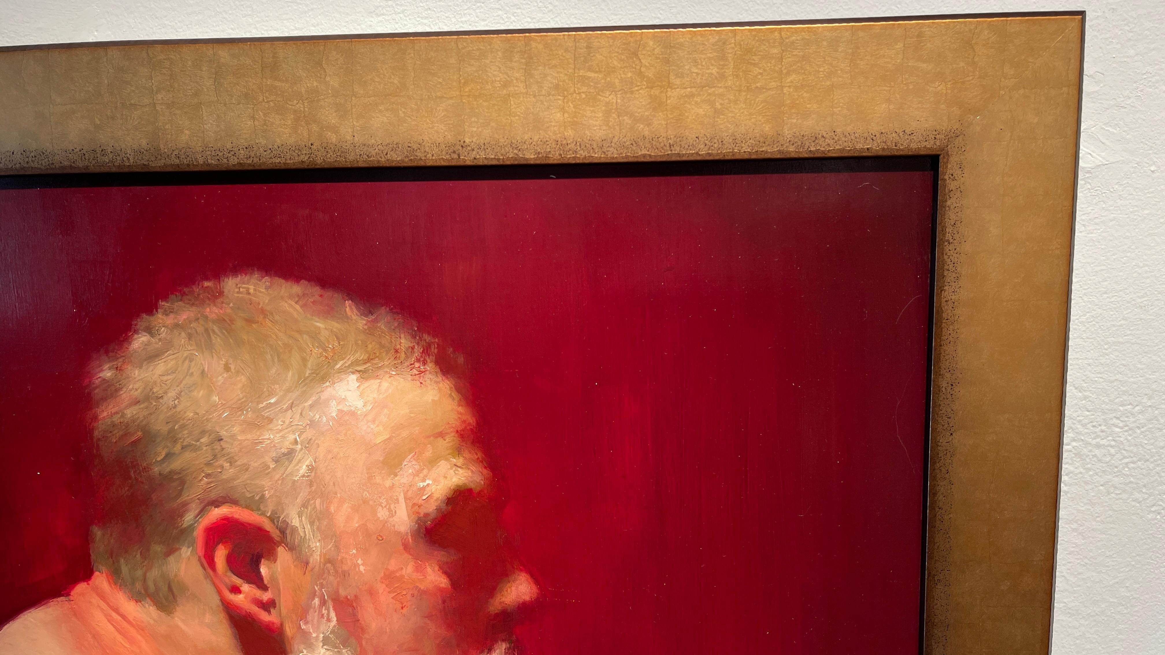 Introspectator - Ritratto di uomo barbuto su sfondo rosso, olio su pannello - Nude Painting Nero di Zack Zdrale