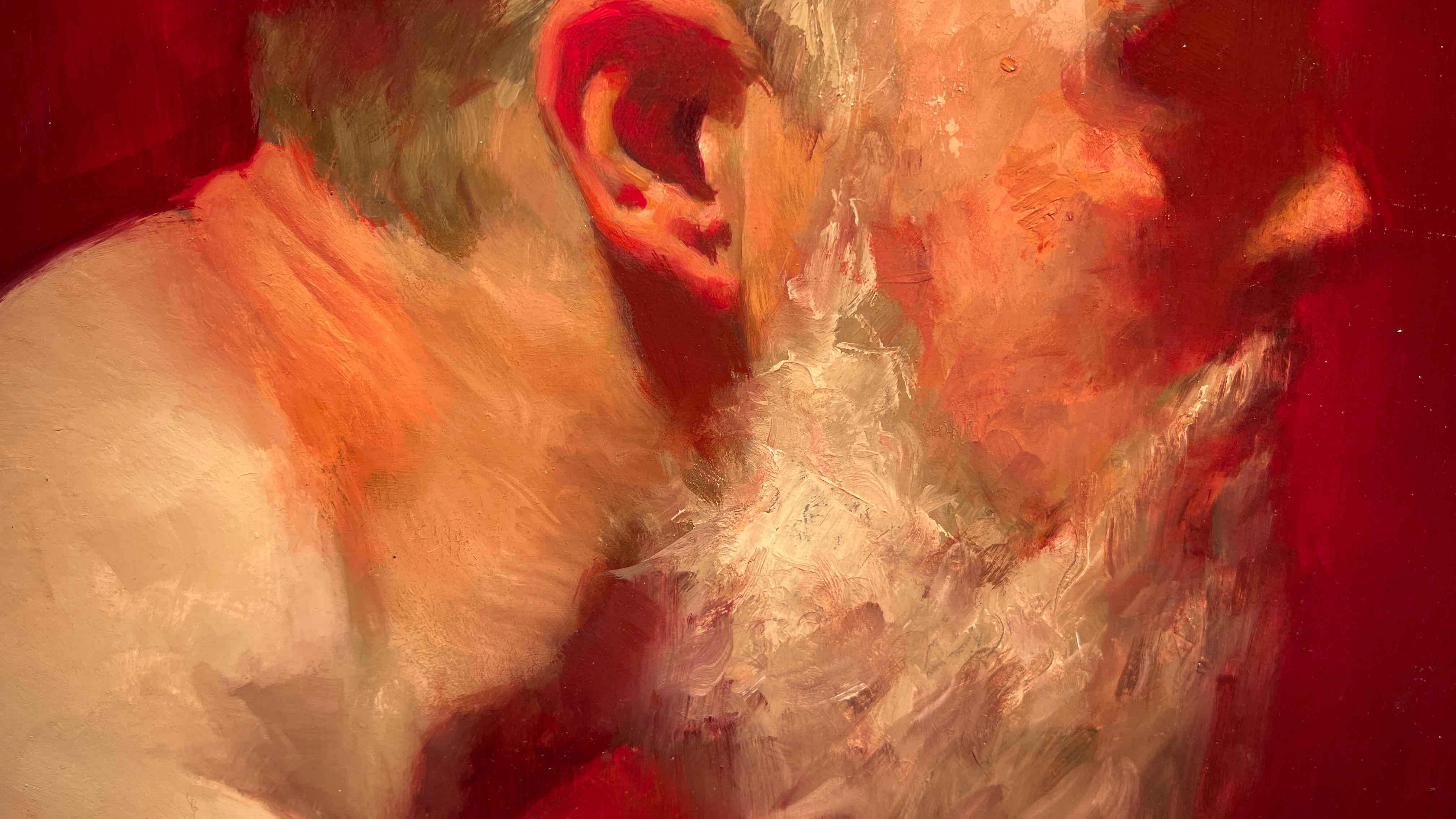 Introspectator - Ritratto di uomo barbuto su sfondo rosso, olio su pannello in vendita 1