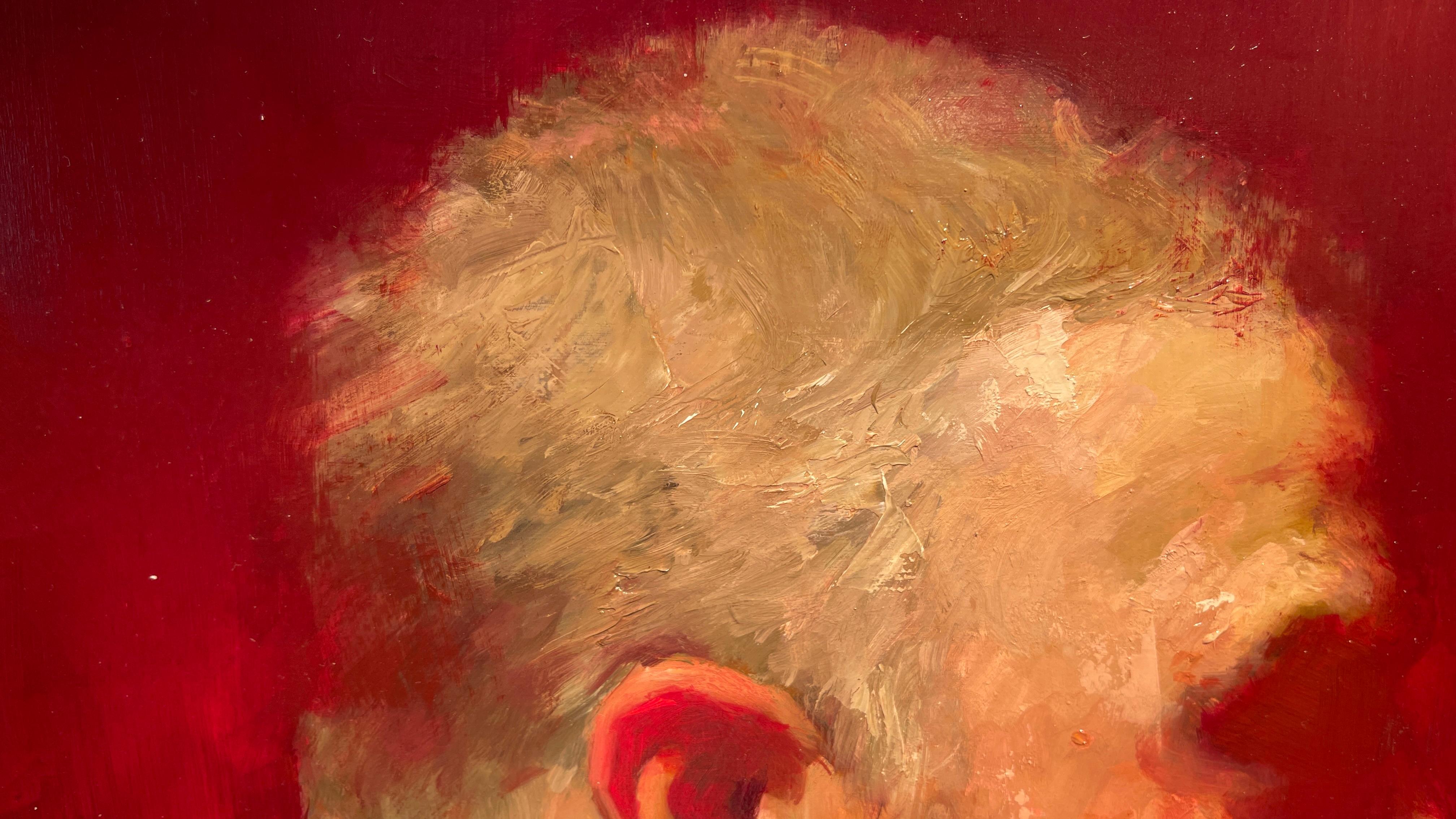 Introspectator - Ritratto di uomo barbuto su sfondo rosso, olio su pannello in vendita 2