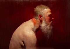 Introspectator - Portrait of a Bearded Man on Red Background, Oil on Panel