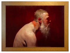 Introspectateur - Portrait d'un homme barbu sur fond rouge, huile sur panneau