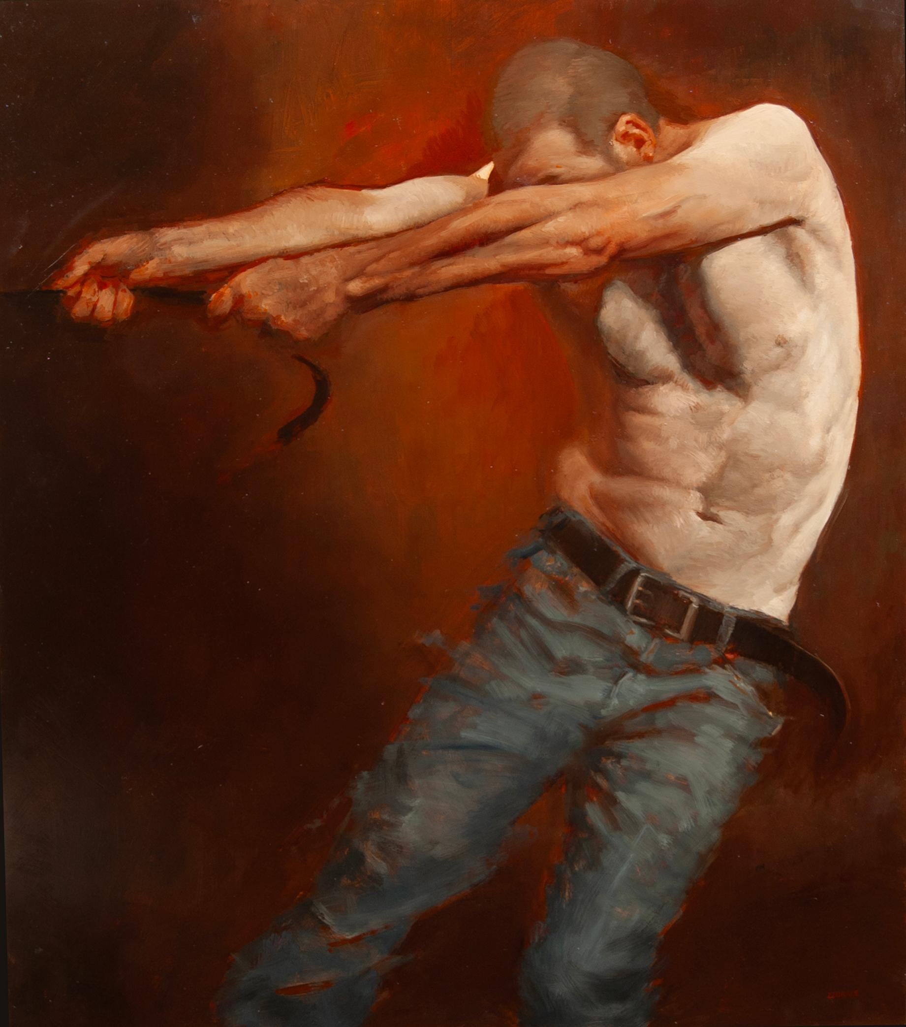 Loslassen 1, 2, 3 (Serien)
In diesen Gemälden stellt Zdrale mehrere Figuren dar - oft Wiederholungen desselben Mannes -, die in einem Kreislauf des Kampfes gefangen sind. Die Seile, die sich um ihre Hände schlingen oder von ihnen ausgehen, sind