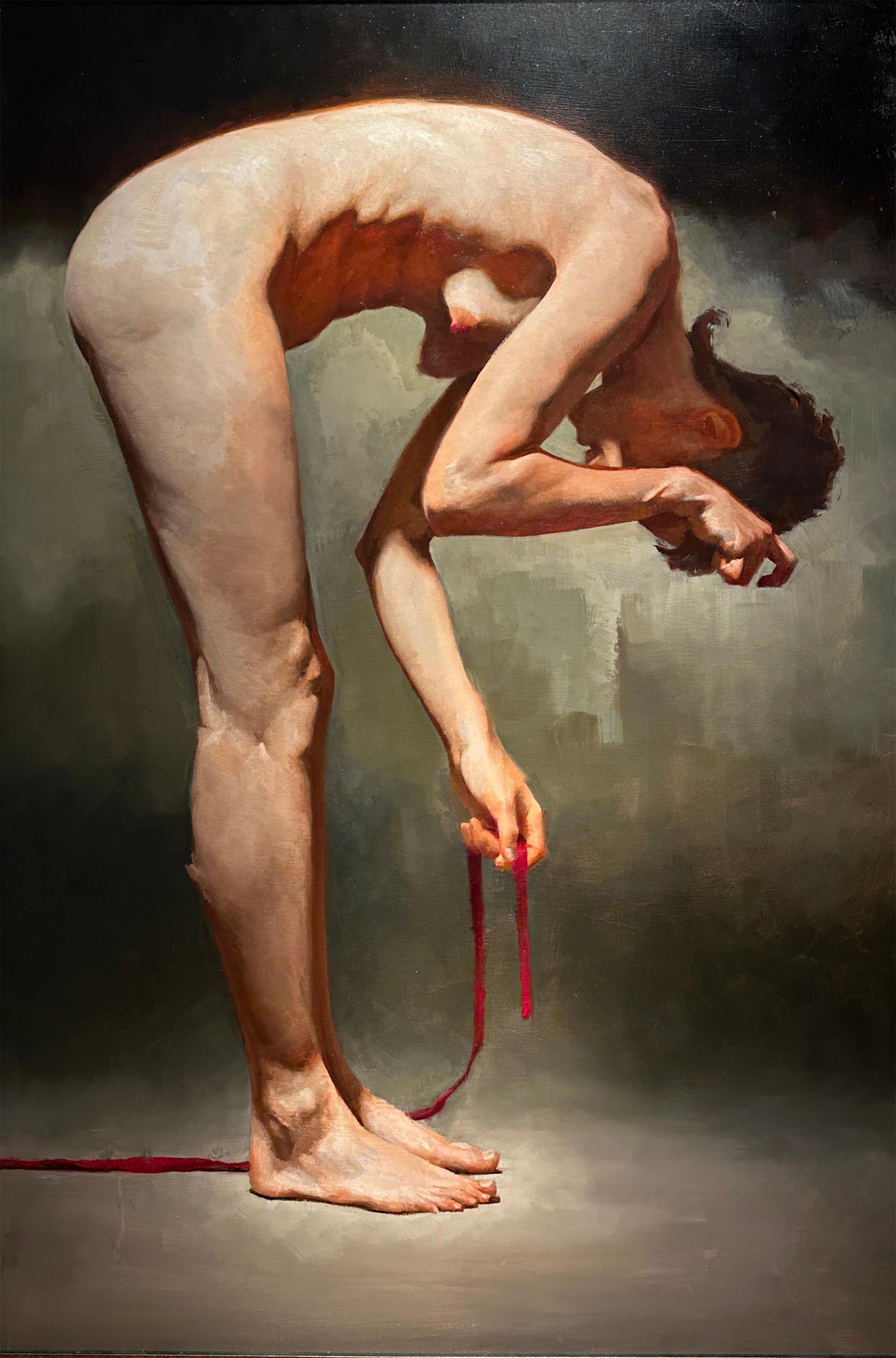 In contrasto con l'aggressività serrata delle opere precedenti, questa figura nuda si piega verso il basso, con il braccio esteso e rilassato. La pennellata diventa più sciolta, il corpo più vulnerabile. L'opera trasmette una cruda accettazione