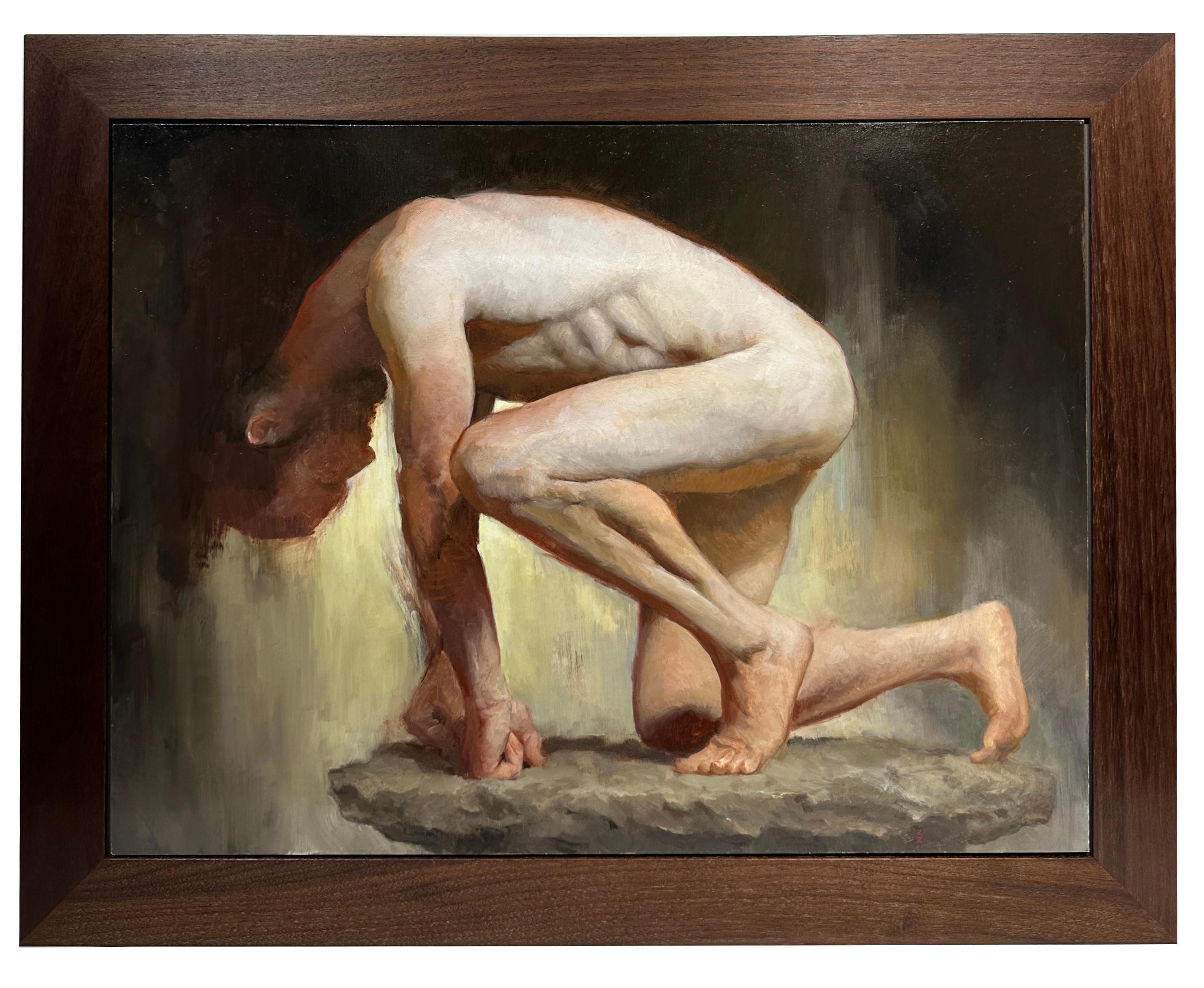 Sistema de presión, Desnudo masculino agachado sobre un pedestal de piedra, Óleo original sobre panel - Painting de Zack Zdrale
