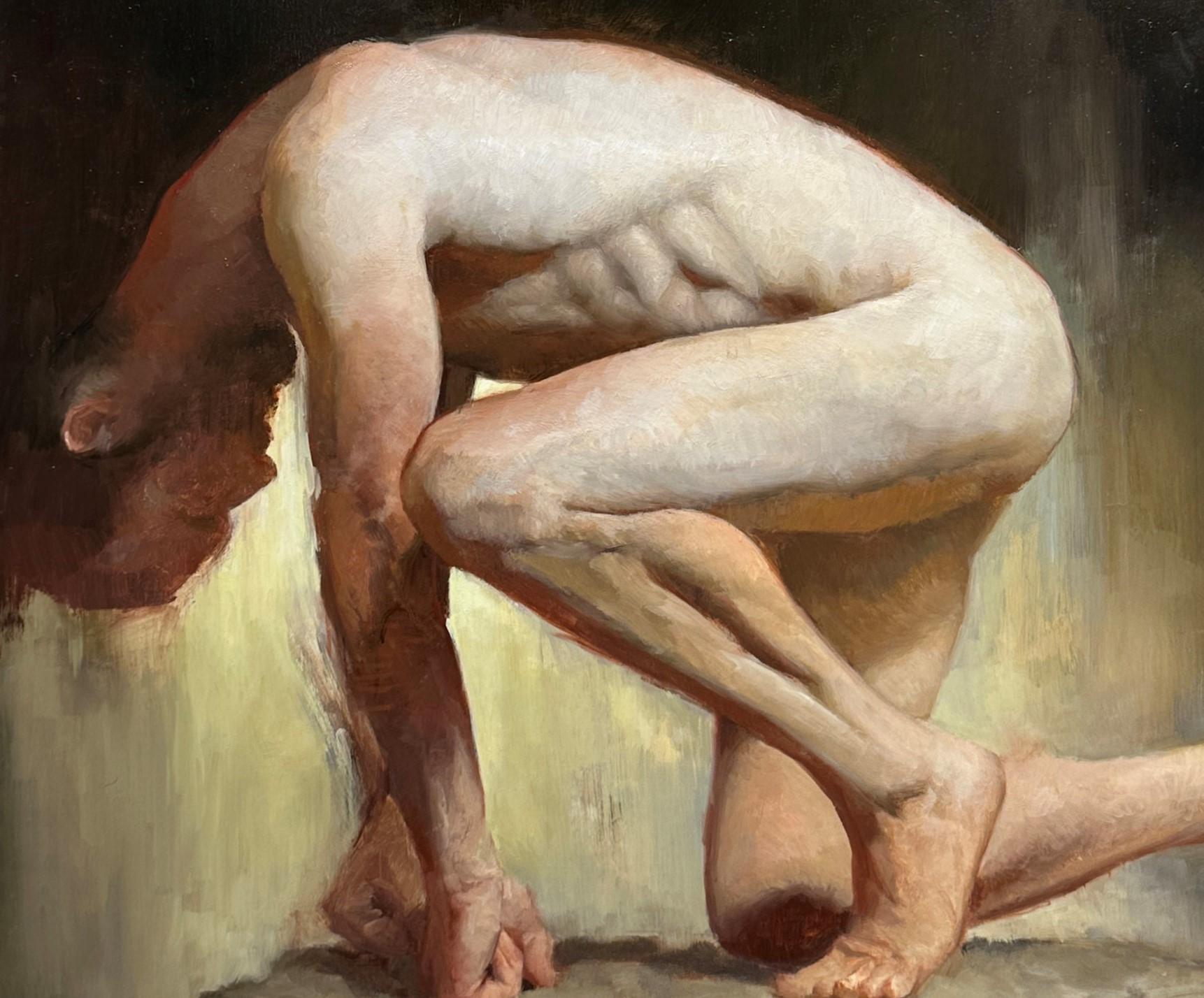 Pressure System, Male Nude Crouching on a Stone Pedestal, Original Oil on Panel - Contemporary Painting by Zack Zdrale