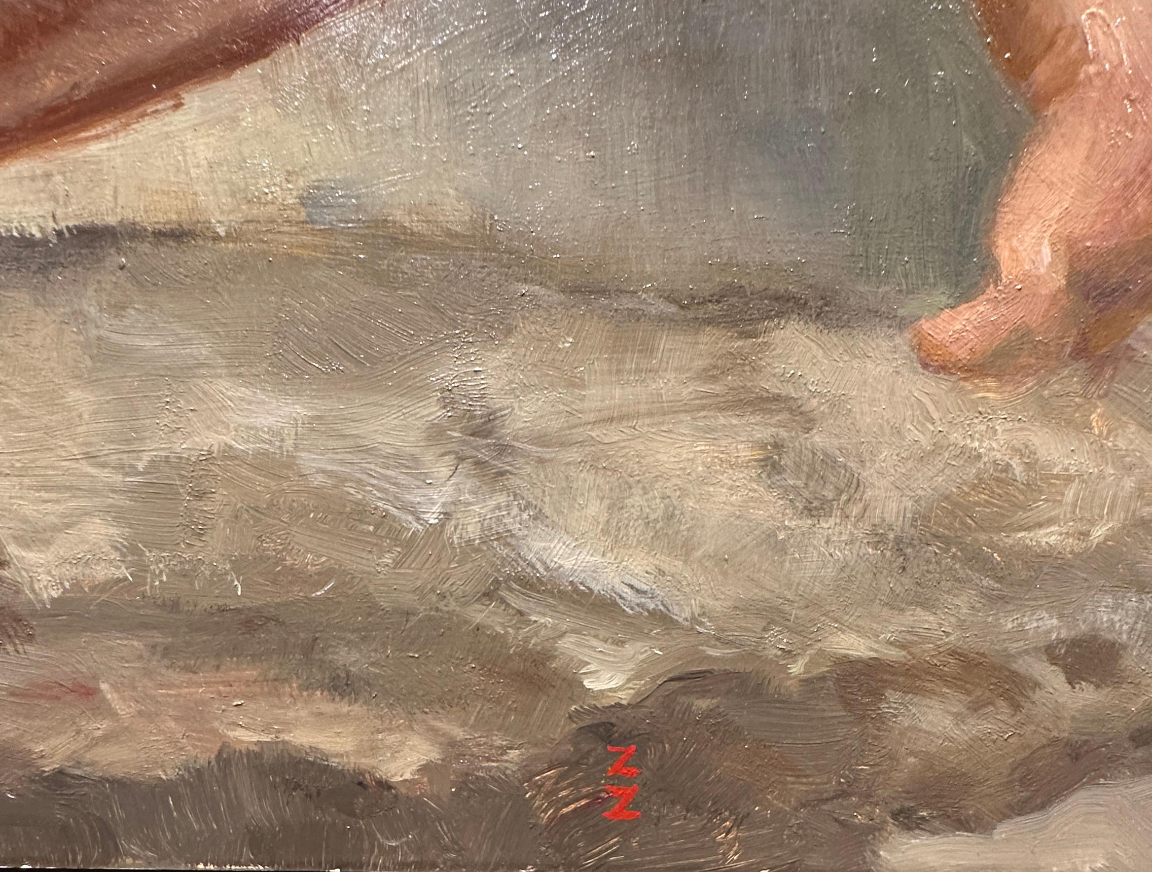 Sistema de presión, Desnudo masculino agachado sobre un pedestal de piedra, Óleo original sobre panel en venta 2