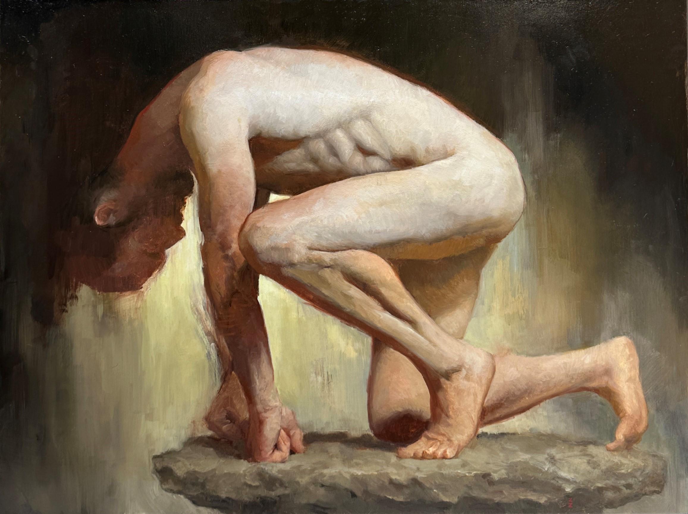 Zack Zdrale Nude Painting - Pressure System, Male Nude Crouching on a Stone Pedestal, Original Oil on Panel