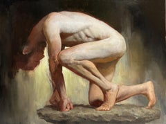 Pressure System, Male Nude Crouching on a Stone Pedestal, Original Oil on Panel