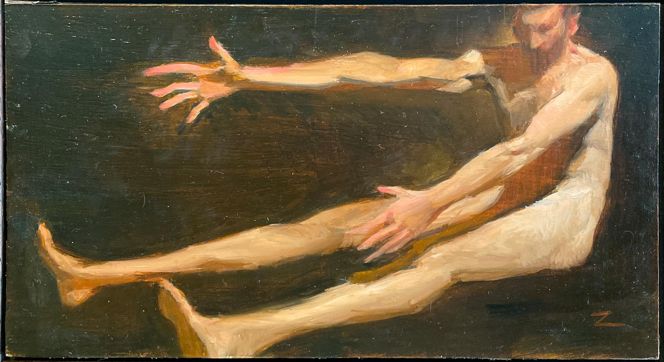 Questa opera d'arte è incorniciata.  Le dimensioni della cornice sono H. H. 75 x L. 12,25 pollici.

Zack Zdrale
Uomo Quantico
olio su pannello
4,50h x 8w in
11,43h x 20,32w cm

Zack Zdrale (nato nel 1977) adotta un approccio tradizionale al suo
