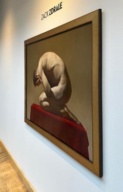 Honte, homme nu accroupi sur une table recouverte de velours rouge, huile originale sur panneau