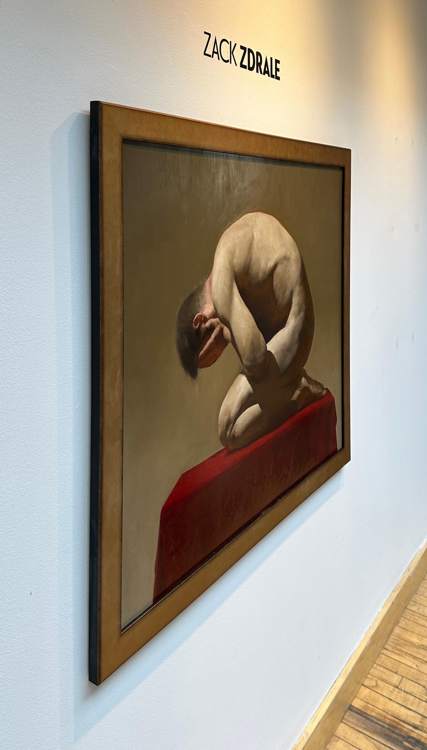 Shame, Nude Male Crouched on Red Velvet Covered Table, Original Oil on Panel - Contemporary Painting by Zack Zdrale