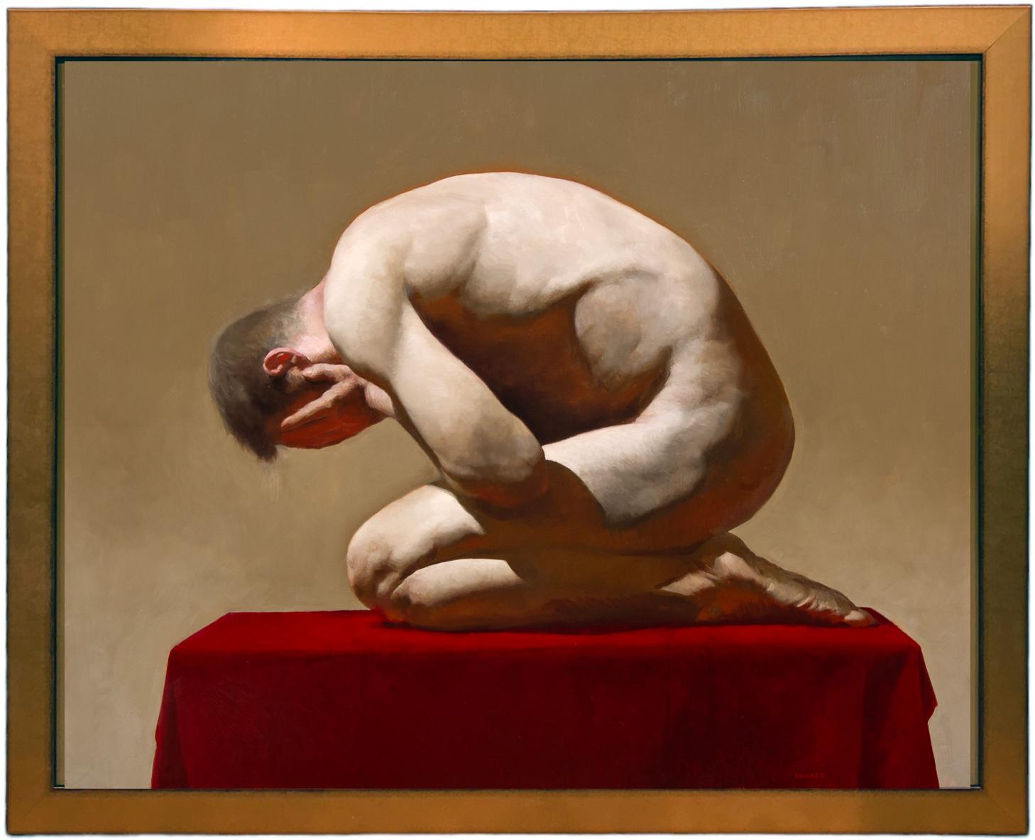 Zack Zdrale Figurative Painting - Shame, Nude Male Crouched on Red Velvet Covered Table, Original Oil on Panel