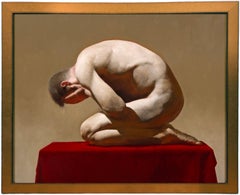 Shame, Nude Male Crouched on Red Velvet Covered Table, Original Oil on Panel