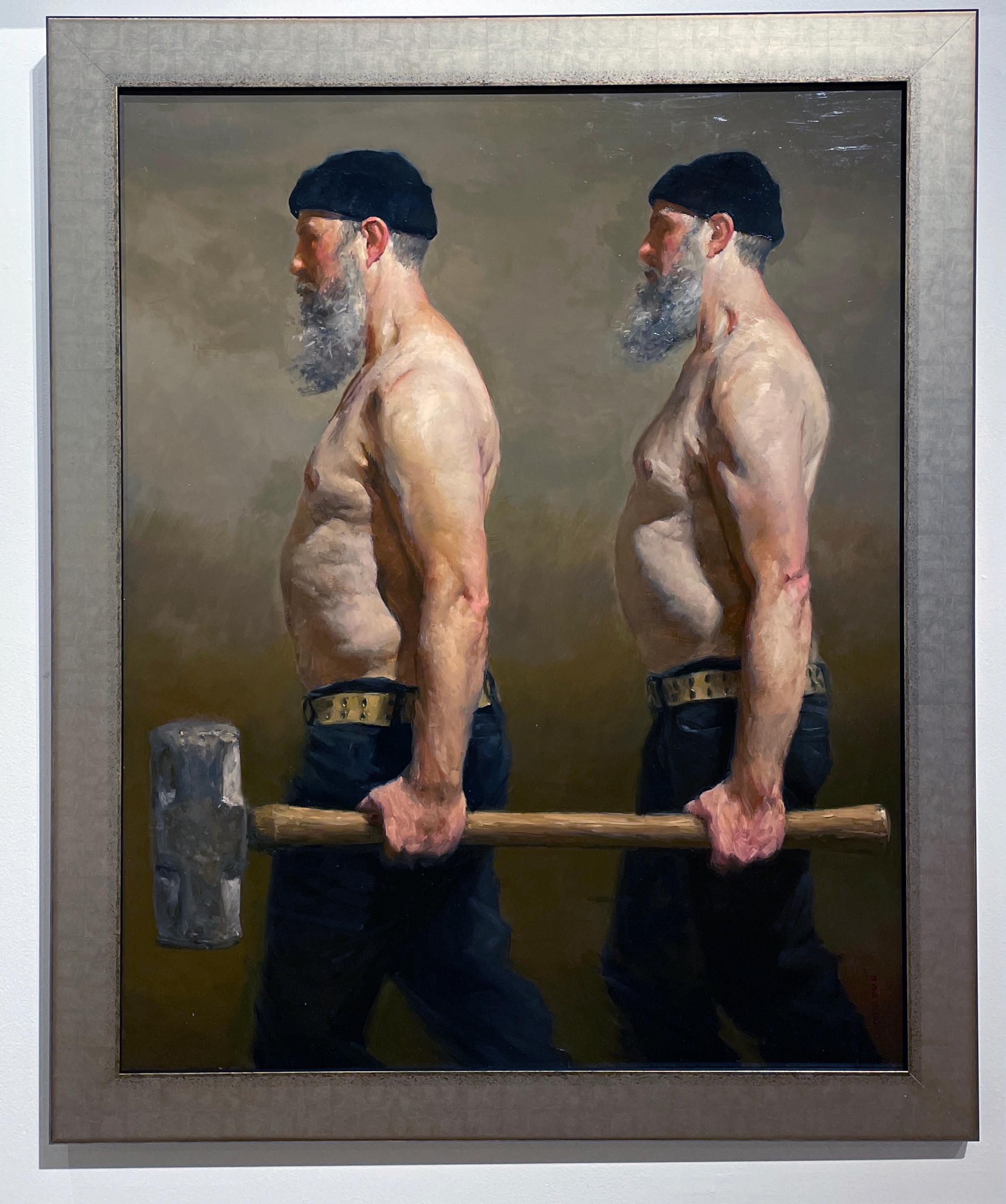 Sledge Bearers, Two Men Holding a Sledge Hammer, Original Oil on Panel - Painting by Zack Zdrale