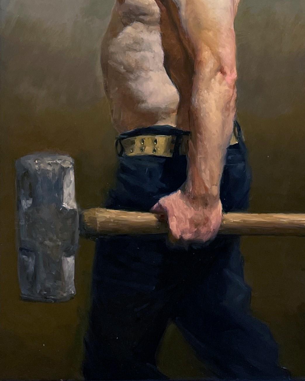 Sledge Bearers, Two Men Holding a Sledge Hammer, Original Oil on Panel - Black Figurative Painting by Zack Zdrale