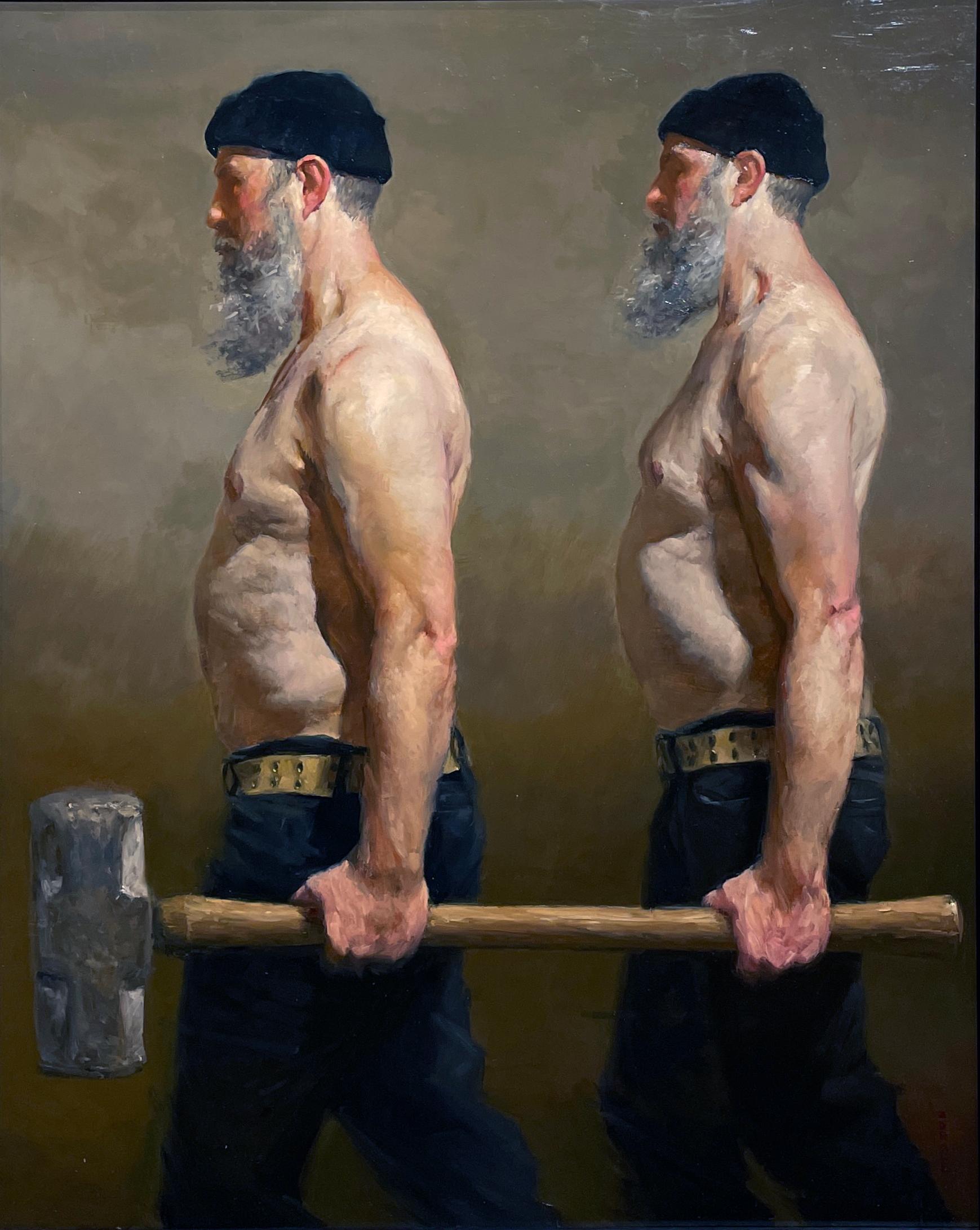 Zack Zdrale Figurative Painting - Sledge Bearers, Two Men Holding a Sledge Hammer, Original Oil on Panel