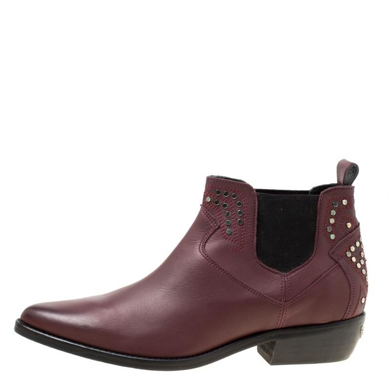 Zadig and Voltaire Burgundy Leather Thylana Studded Ankle Boots Size 41 1
