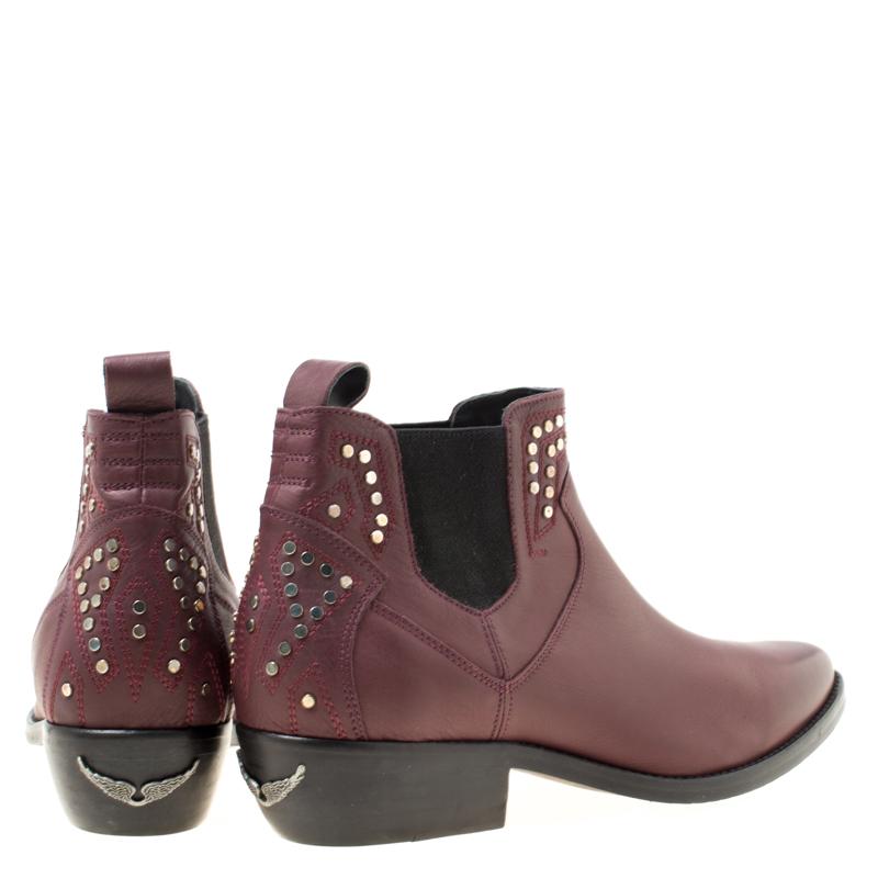 Black Zadig and Voltaire Burgundy Leather Thylana Studded Ankle Boots Size 41