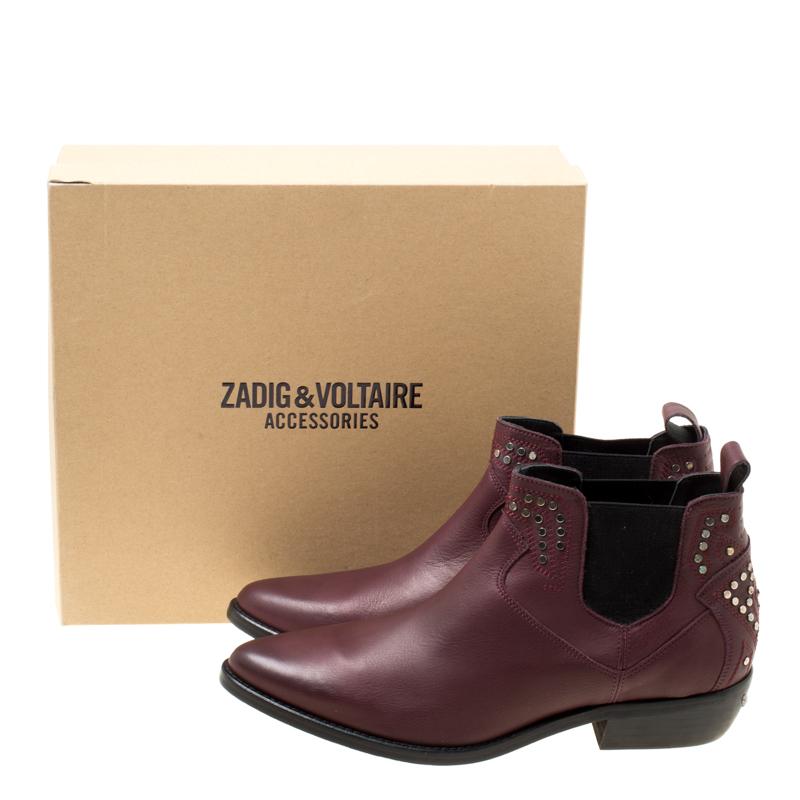 Zadig and Voltaire Burgundy Leather Thylana Studded Ankle Boots Size 41 3