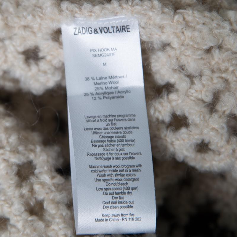 Beige Zadig and Voltaire Cream Crochet Knit Merino Wool Open Front Pix Hook Cardigan M