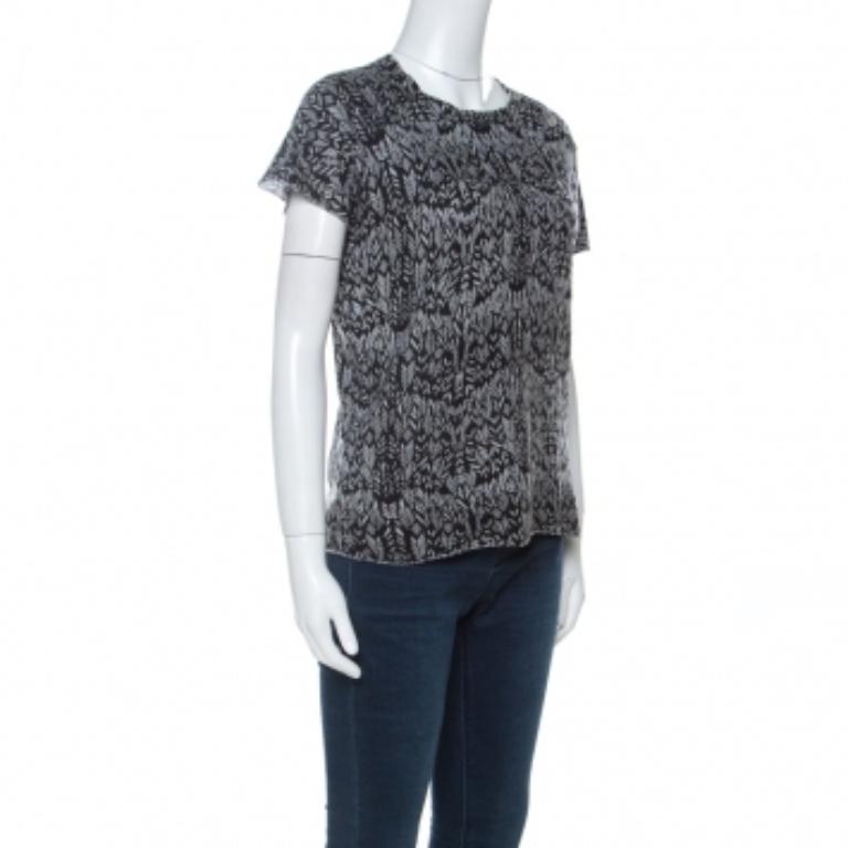 Zadig & Voltaire Top à demi-manches en soie et cachemire imprimé gris et noir M en vente 1