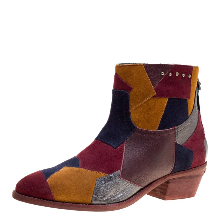 Zadig and Voltaire Multicolor Suede and Leather Patchwork Teddy Ankle