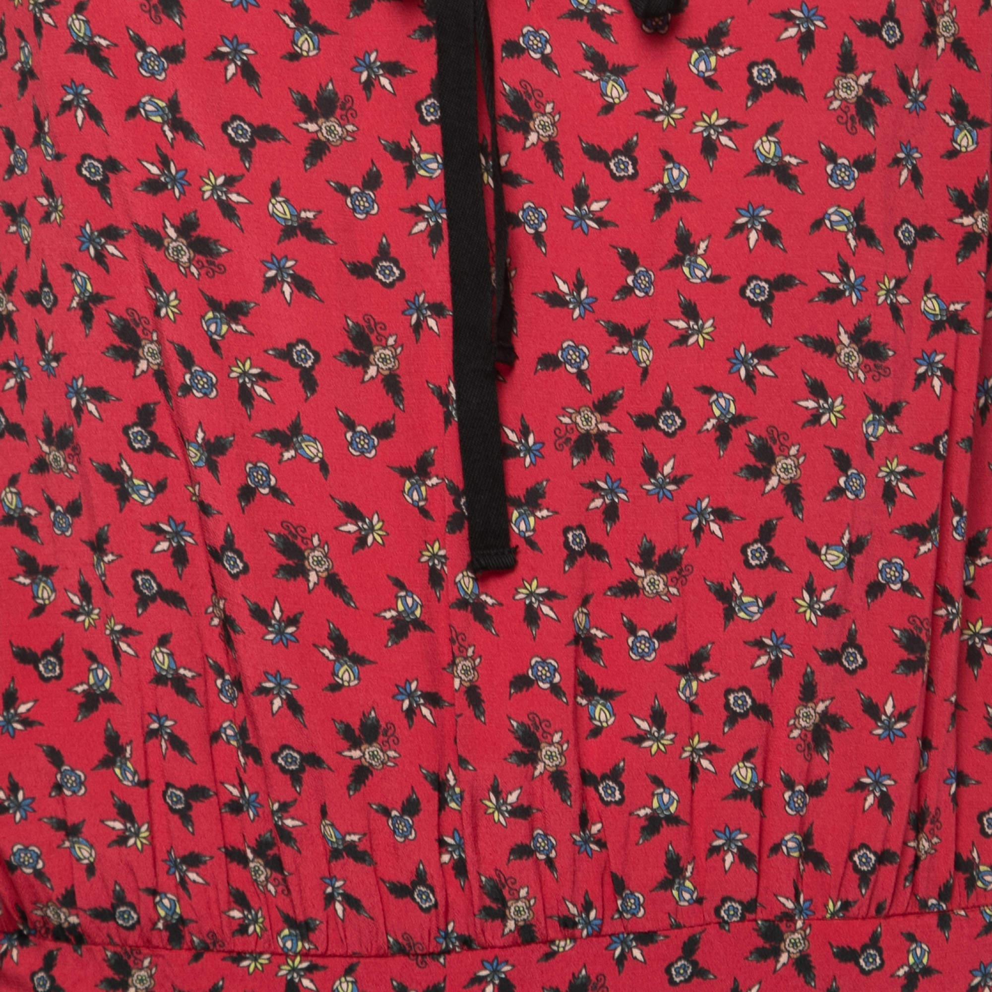 Zadig and Voltaire Red Floral Printed Crepe Tie Front Midi Dress L In Good Condition In Dubai, Al Qouz 2