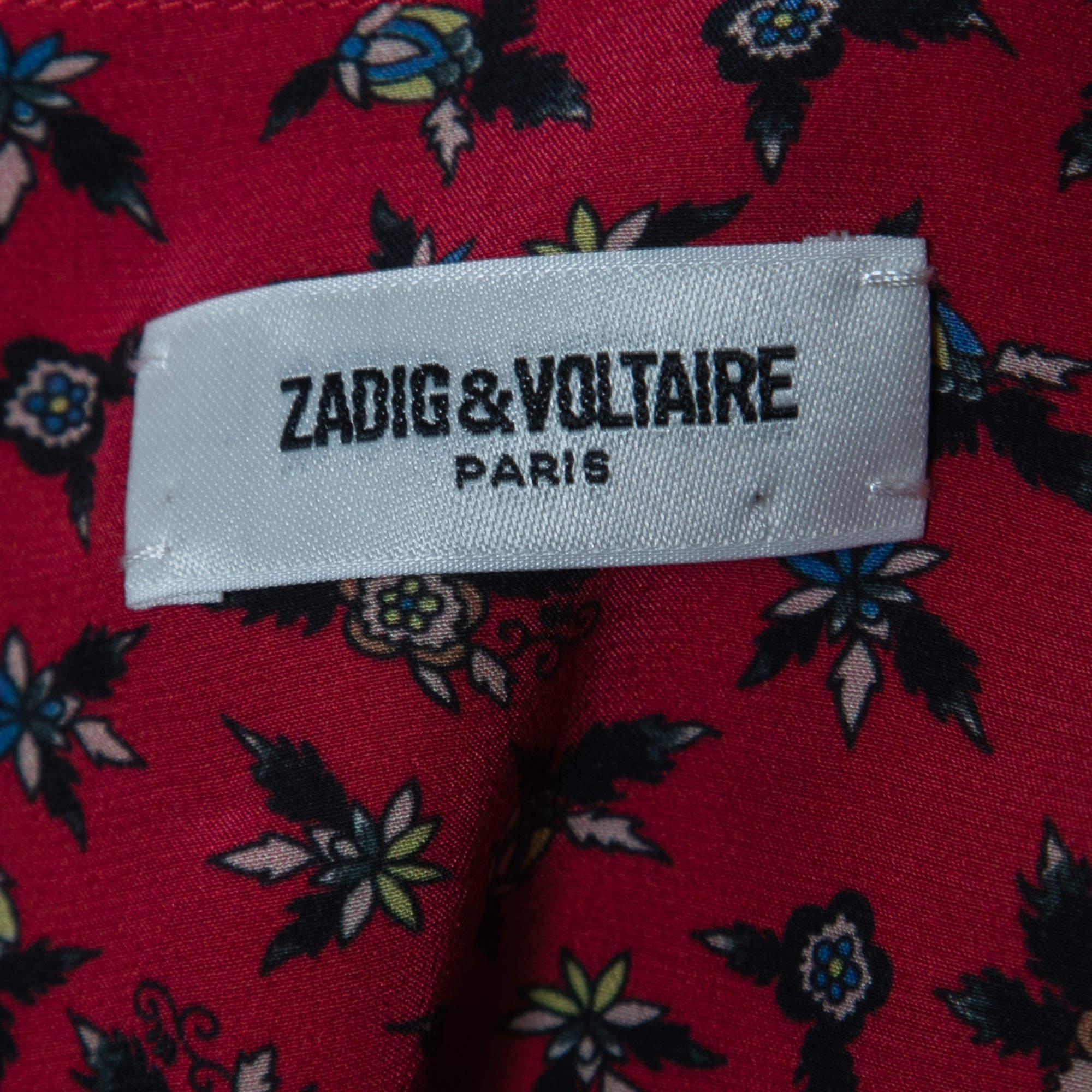 Zadig and Voltaire Red Floral Printed Crepe Tie Front Midi Dress L For Sale 2