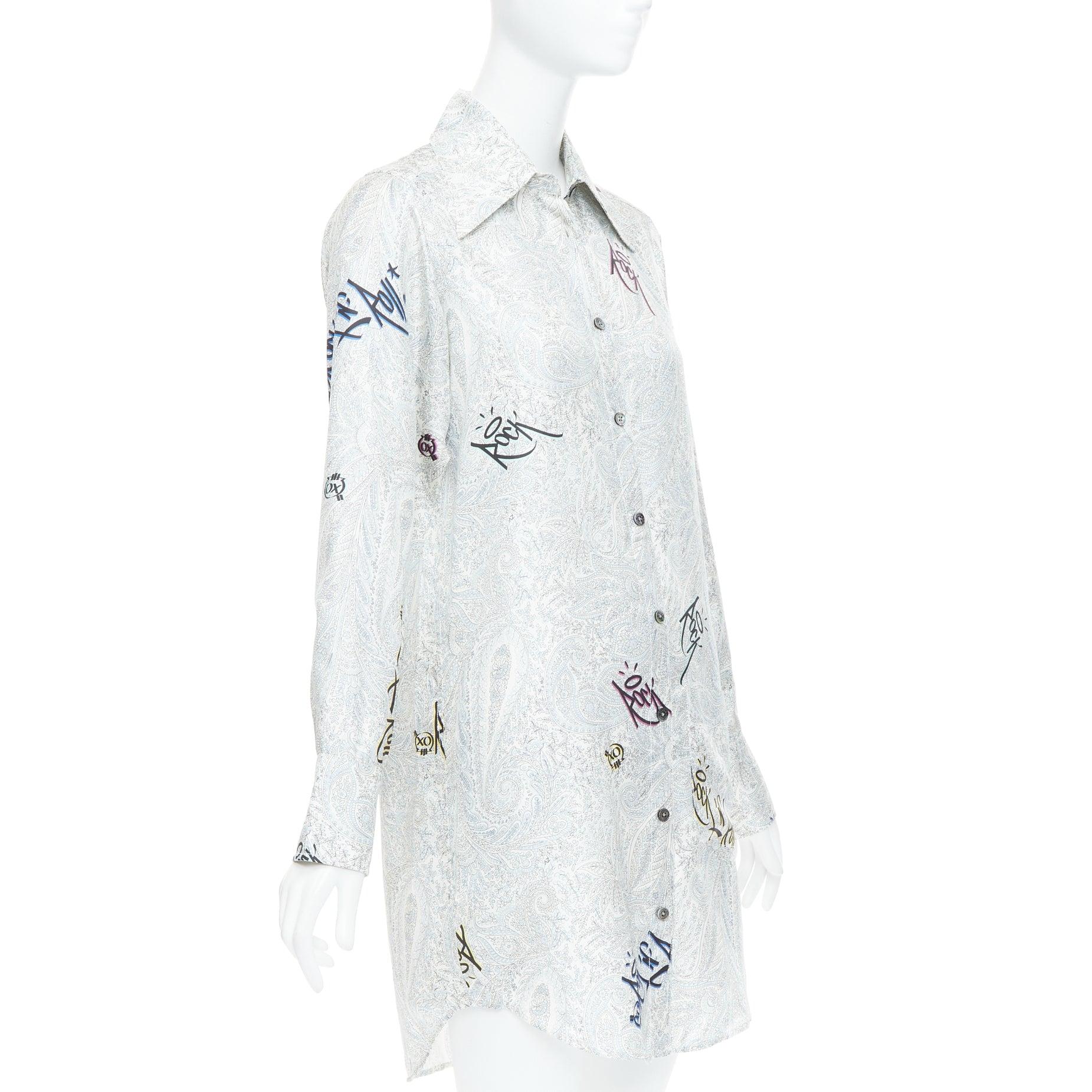 ZADIG VOLTAIRE 100% Seide Paisley Rock gedruckt Knopf unten Hemd Kleid XS (Grau) im Angebot