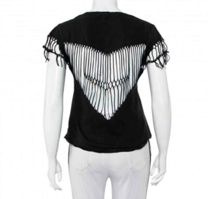 Zadig & Voltaire Black Cotton Scoop Neck Wanda Fringes T-Shirt XS In Good Condition For Sale In Dubai, Al Qouz 2