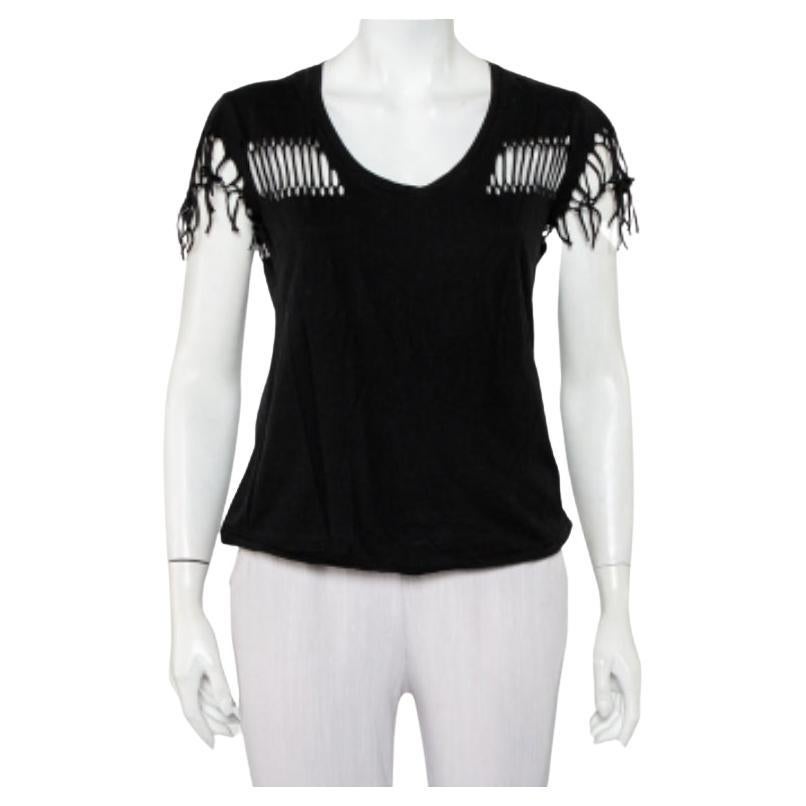 Zadig & Voltaire Black Cotton Scoop Neck Wanda Fringes T-Shirt XS For Sale