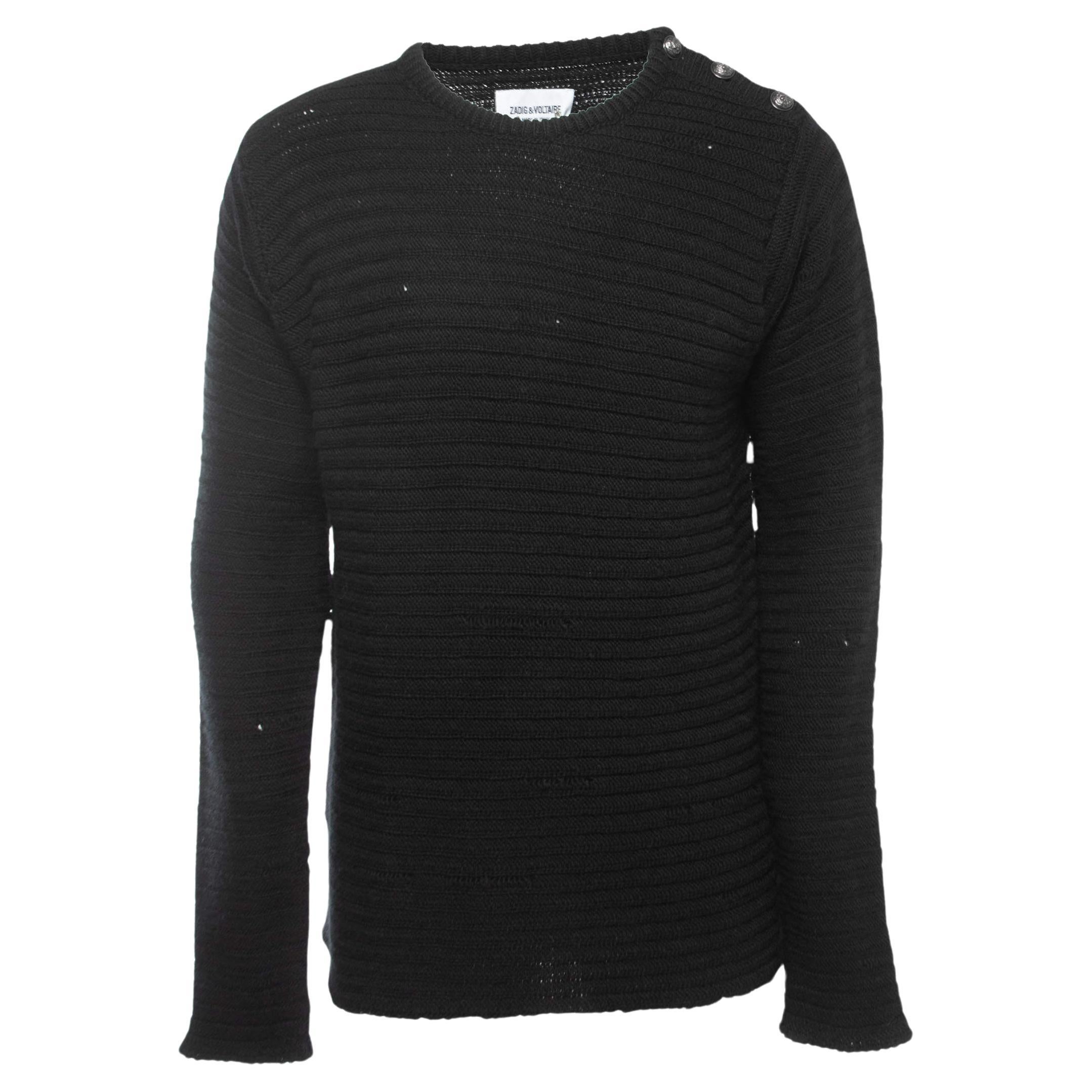 Zadig & Voltaire Black Distressed Merino Wool Jeremy Raye Sweater L