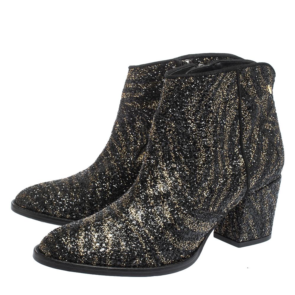 Women's Zadig & Voltaire Black/Gold Glitter and Suede Molly Ankle Booties Size 40