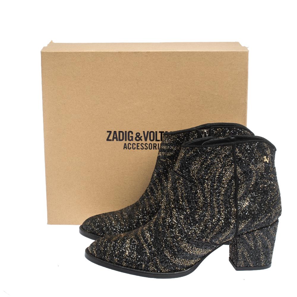 Zadig & Voltaire Black/Gold Glitter and Suede Molly Ankle Booties Size 40 1
