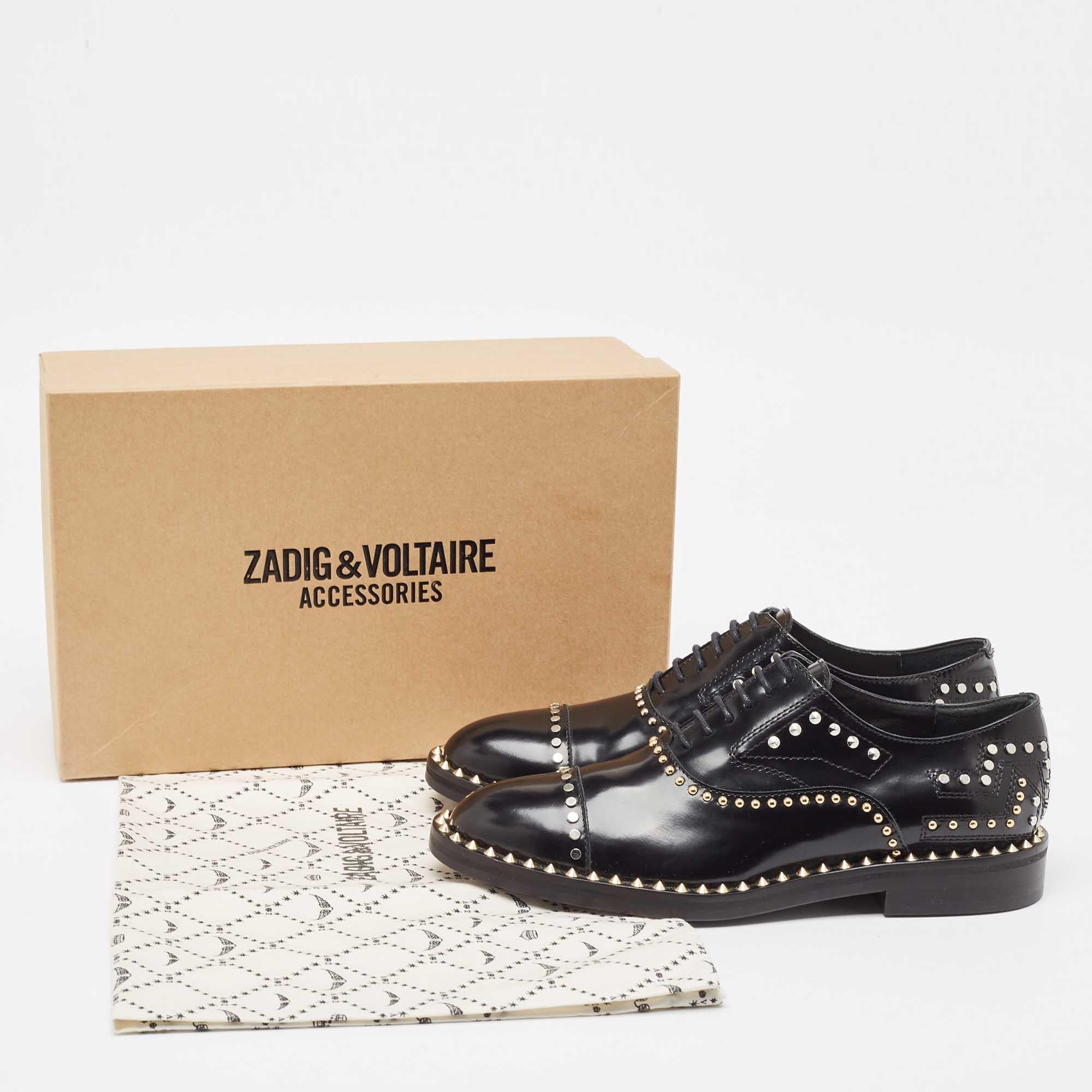Zadig & Voltaire Black Leather Studded Youth Clous Oxfords Size 37 5