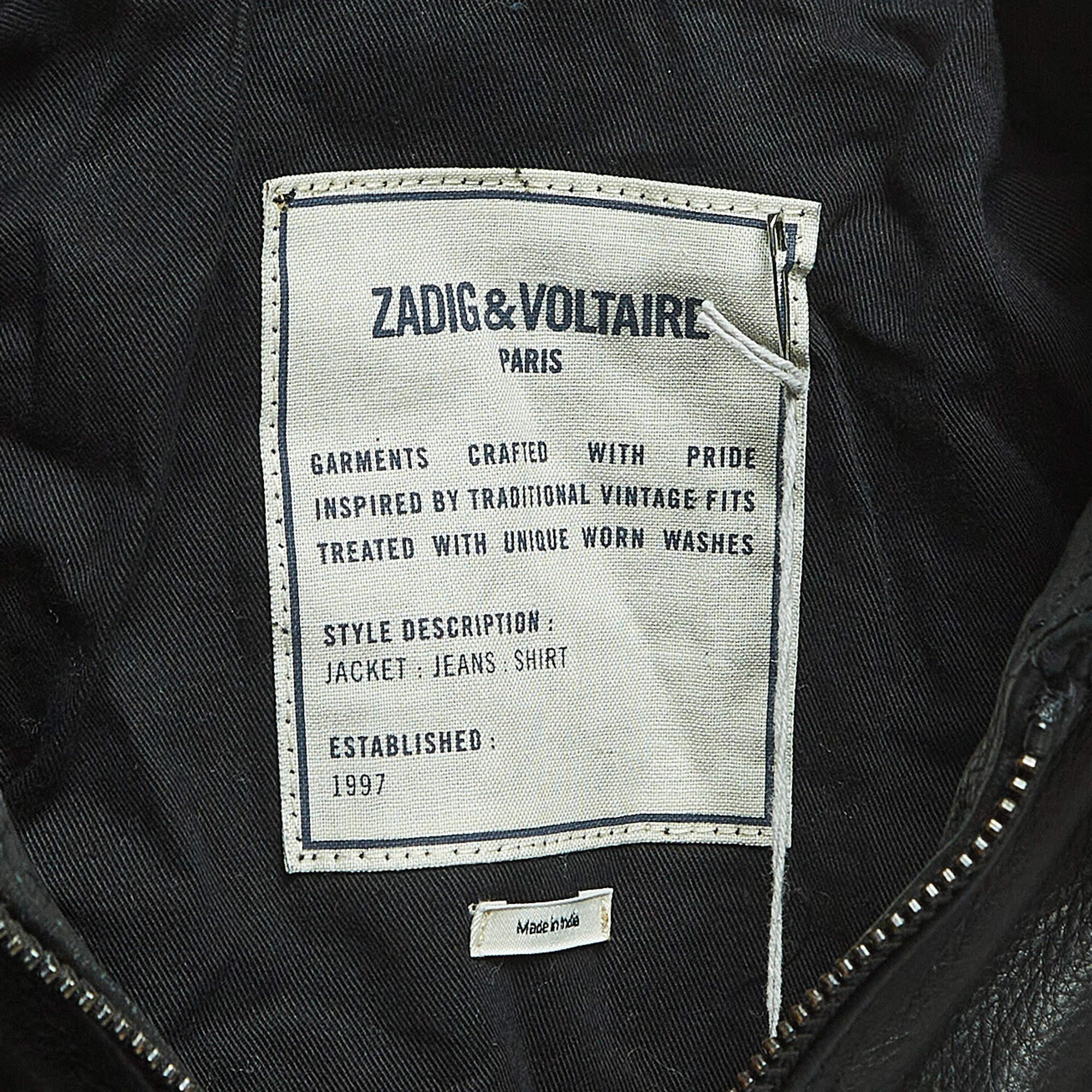 Zadig & Voltaire Black Leather Zip Front Jacket XS For Sale 1