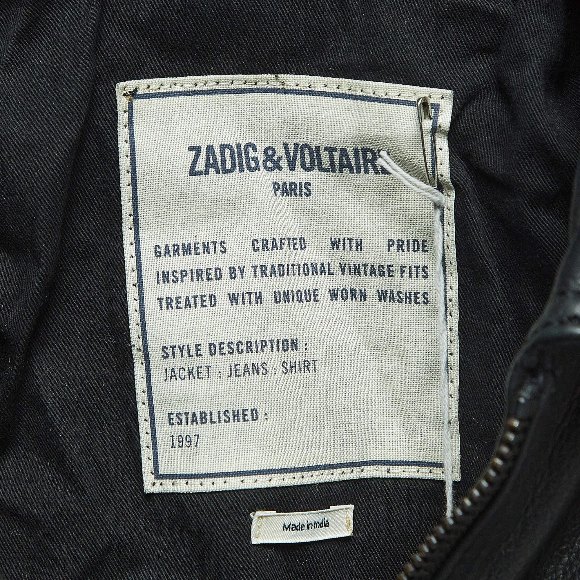 Zadig & Voltaire Black Leather Zip Front Jacket XS For Sale 2