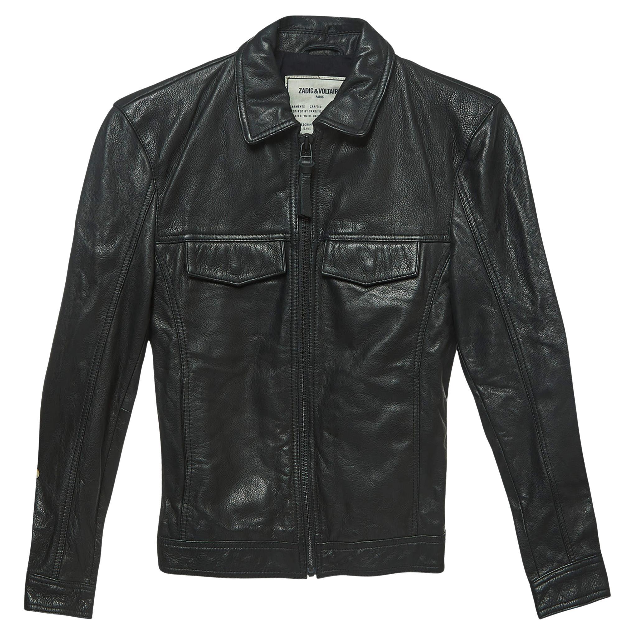 Zadig & Voltaire Black Leather Zip Front Jacket XS For Sale